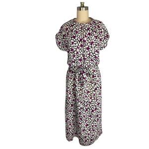 Vintage Darian Floral Dress Black White Purple Midi Short Sleeve Size LARGE